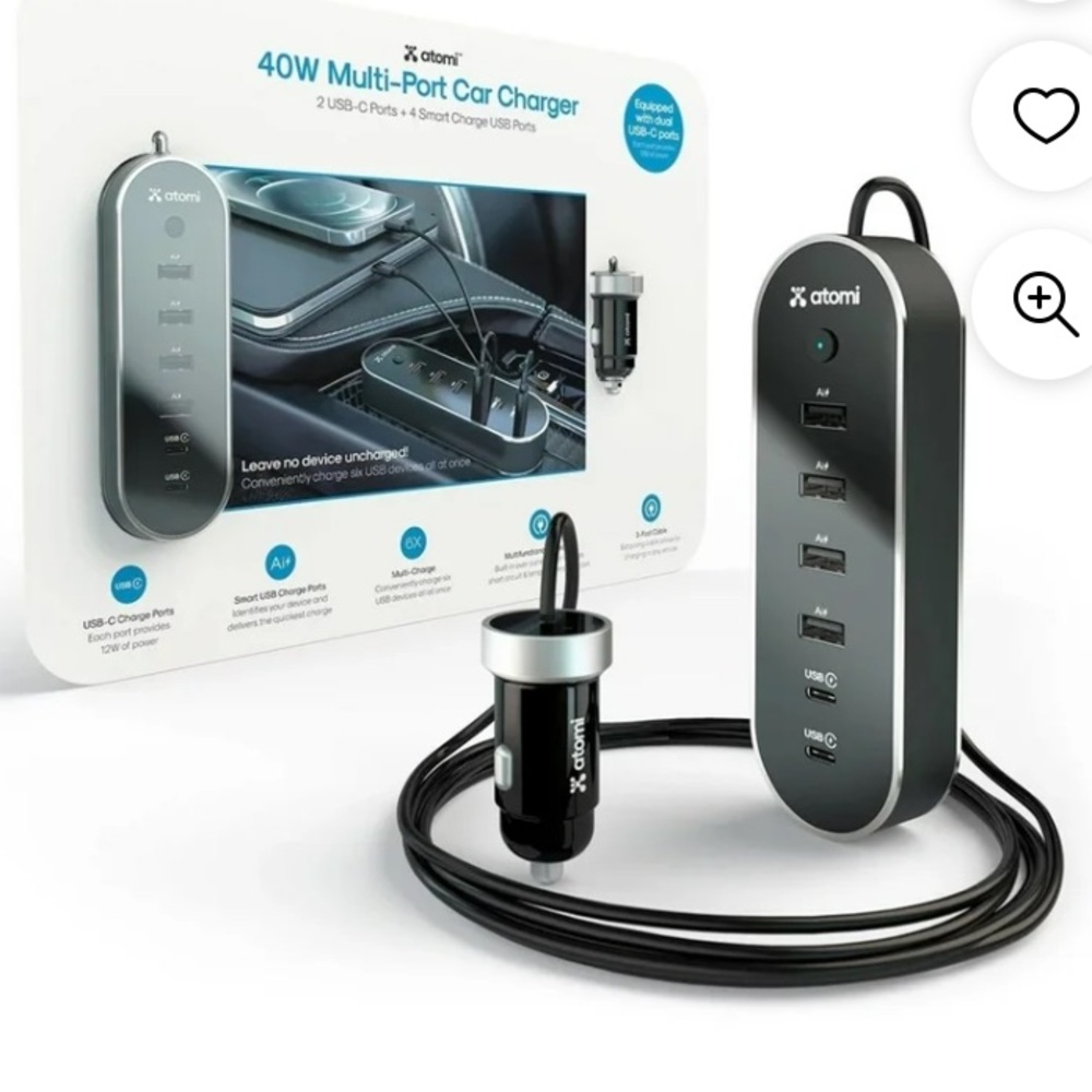 NEW 1-pack ATOMI 40W 12V USB Charger Mukti-Port Car Charger